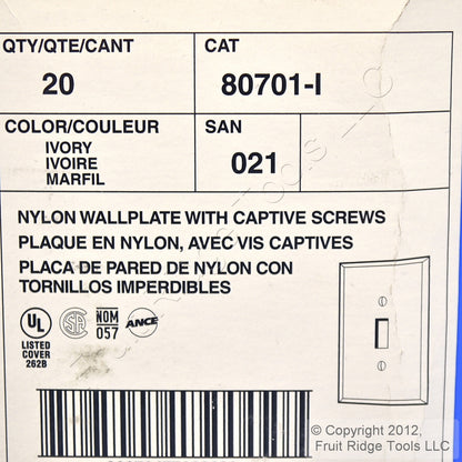 Leviton 80701-I Ivory 1-Gang Toggle Switch Unbreakable Nylon Wallplates 20pcs