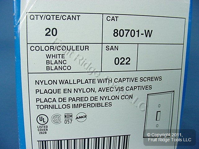 Leviton 80701-W White 1-Gang Toggle Switch Unbreakable Nylon Wallplates 20pcs
