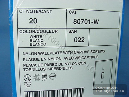Leviton 80701-W White 1-Gang Toggle Switch Unbreakable Nylon Wallplates 20pcs