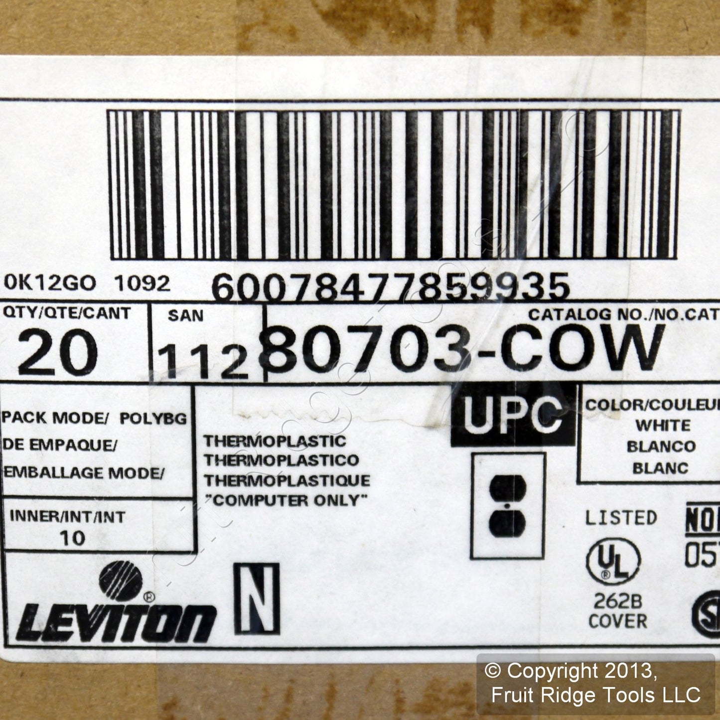 Leviton 80703-COW White 1-Gang Duplex Unbreakable Nylon Wallplate Cover 20pcs
