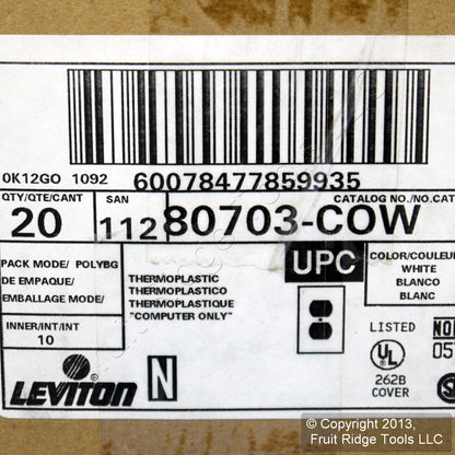 Leviton 80703-COW White 1-Gang Duplex Unbreakable Nylon Wallplate Cover 20pcs
