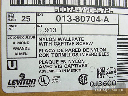 Leviton 80704-A Almond 1-Gang 1.406in. Outlet Unbreakable Wallplate Cover 25pcs