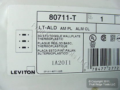 Leviton 80711-T Light Almond 3-Gang Toggle Switch Unbreakable Nylon Wallplate