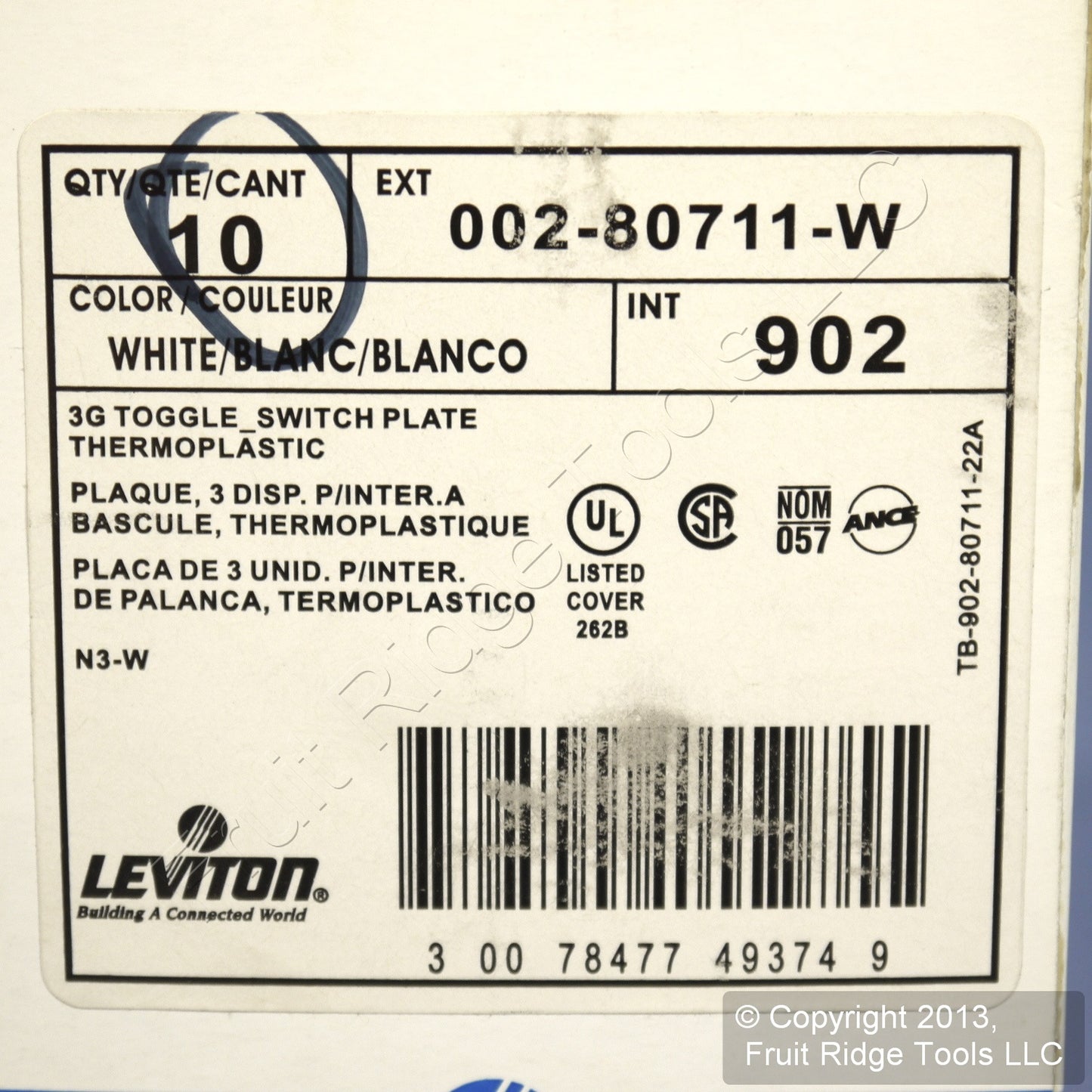 Leviton 80711-W White 3-Gang Toggle Switch Unbreakable Nylon Wallplates 10pcs