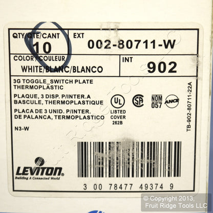 Leviton 80711-W White 3-Gang Toggle Switch Unbreakable Nylon Wallplates 10pcs