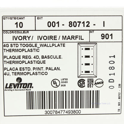 Leviton 80712-I Ivory 4-Gang Toggle Switch Unbreakable Nylon Wallplates 10pcs