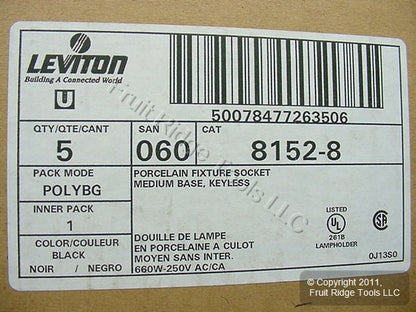 5 Leviton Porcelain Light Sockets Flanged Lamp Holder Medium Base Keyless 8152-8