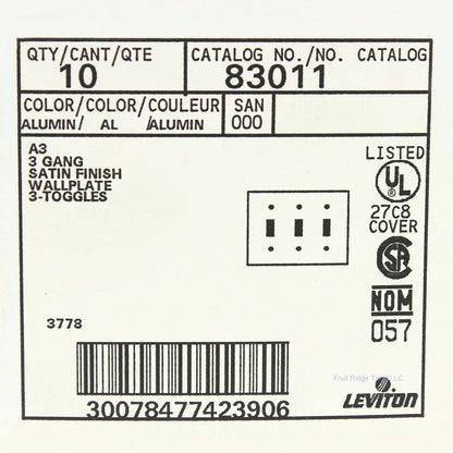 Leviton 83011 Aluminum 3-Gang Toggle Switch Wallplate Satin Finish Covers 10pcs