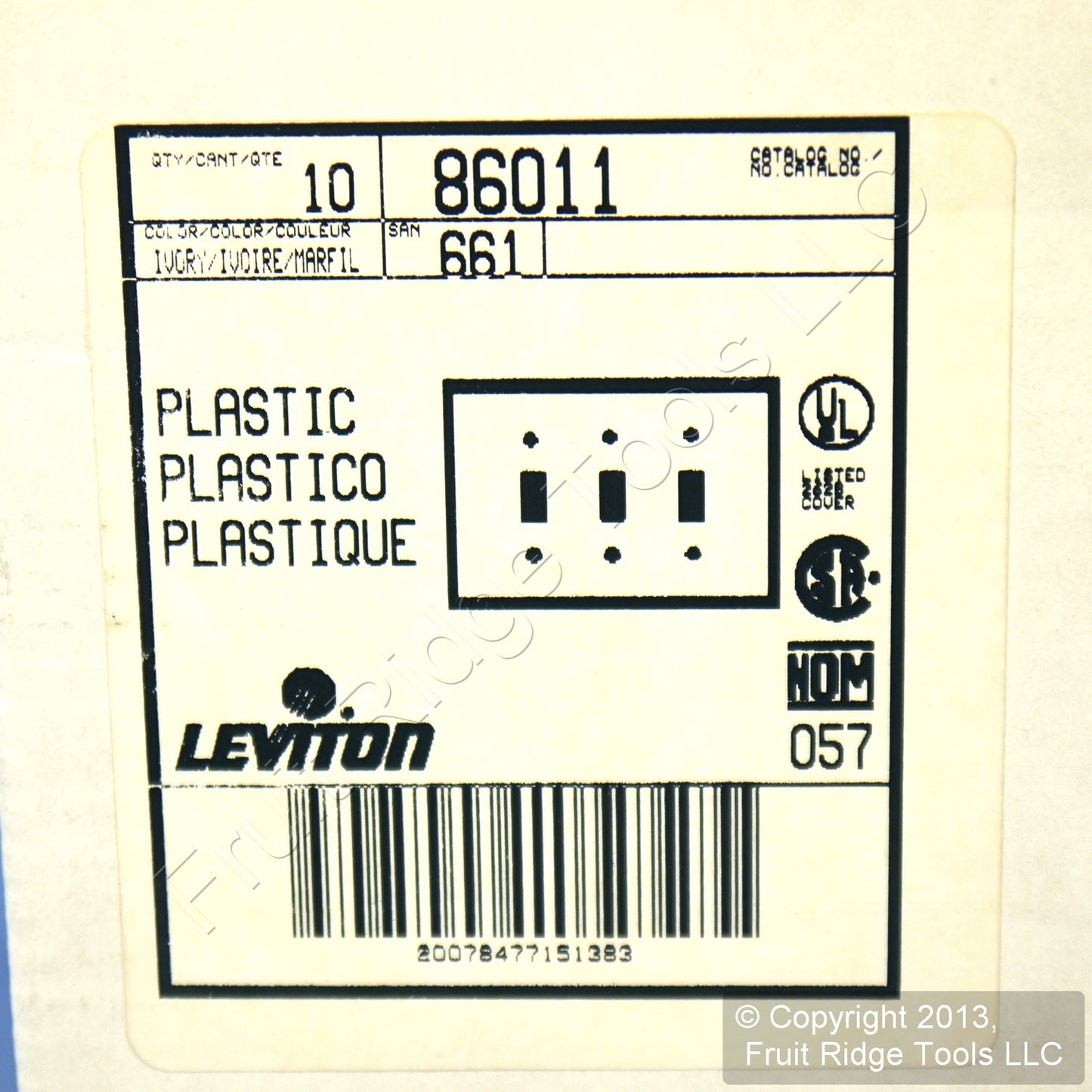 Leviton 86011 Ivory 3-Gang Toggle Switch Plastic Standard Wallplate Covers 10pcs