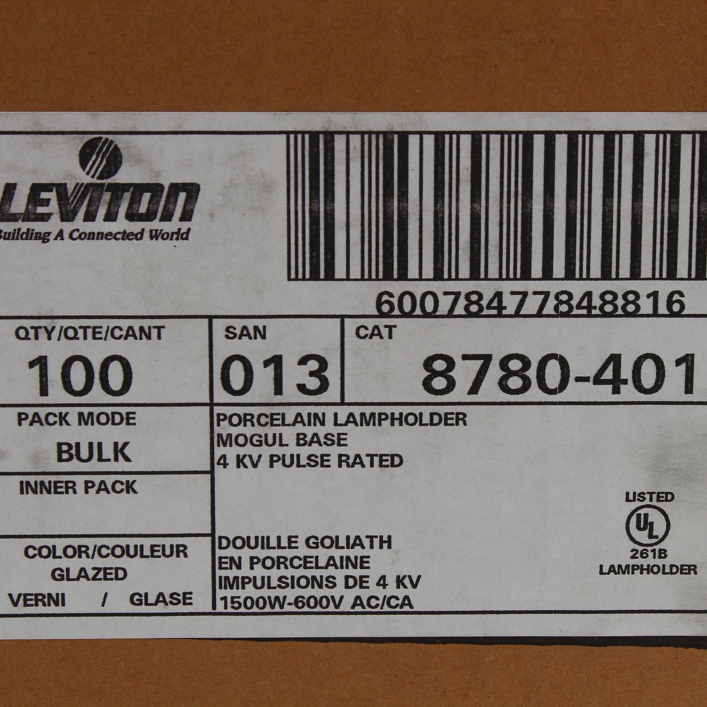 Leviton 8780-401 4KV Pulse Porcelain Quick-Connect Mogul Base Lampholder 100pcs