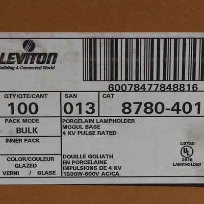 Leviton 8780-401 4KV Pulse Porcelain Quick-Connect Mogul Base Lampholder 100pcs
