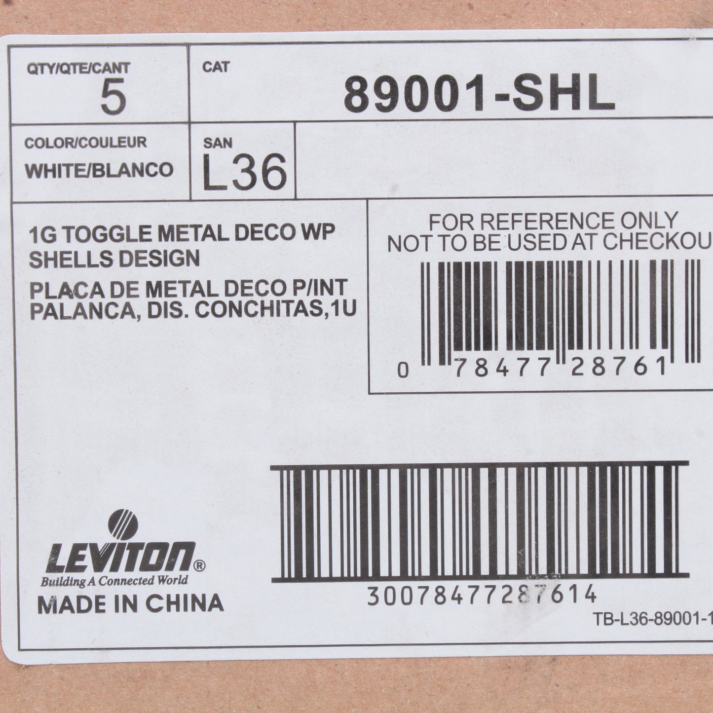 Leviton 89001-SHL Seashells 1-Gang Toggle Metal Oversize Wallplate Cover 5-pack