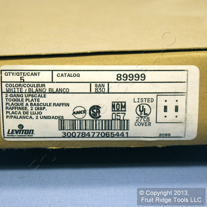 Leviton 89999 White 2-Gang Toggle Painted Metal Standard Wallplate Cover 5-pack