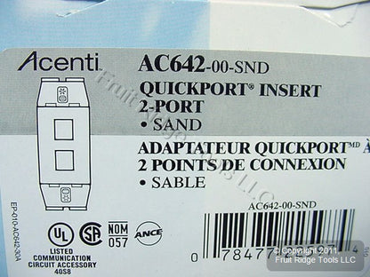 Leviton AC642-SND Sand Quickport Acenti 1-Gang 2-Port Polymer Wallplate Insert