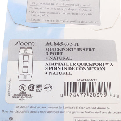 Leviton AC643-NTL Natural Acenti Quickport 1-Gang 3-Port Nylon Wallplate Insert