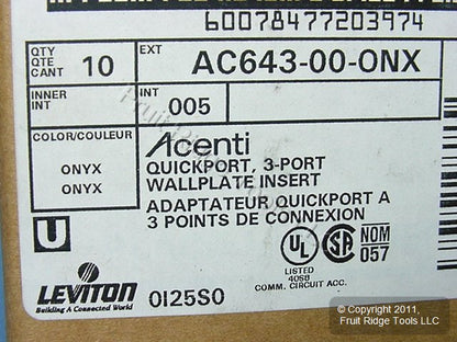 10 Leviton Quickport Onyx Black Acenti 3Port Polymer Wallplate Inserts AC643-ONX