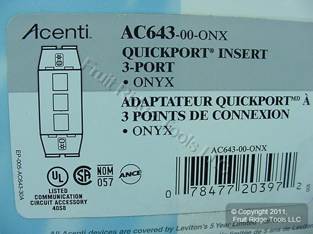 Leviton Quickport Onyx Black Acenti 1G 3-Port Polymer Wallplate Insert AC643-ONX