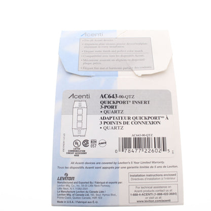 Leviton AC643-QTZ Quartz Acenti Quickport 1-Gang 3-Port Nylon Wallplate Insert
