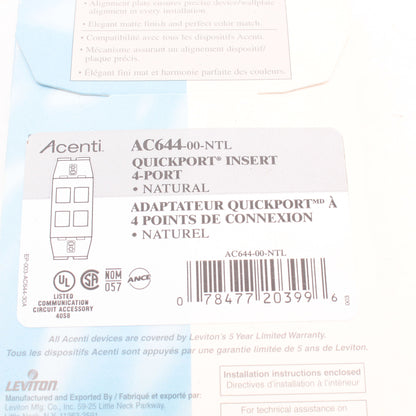 Leviton AC644-NTL Natural Quickport Acenti 1Gang 4-Port Polymer Wallplate Insert