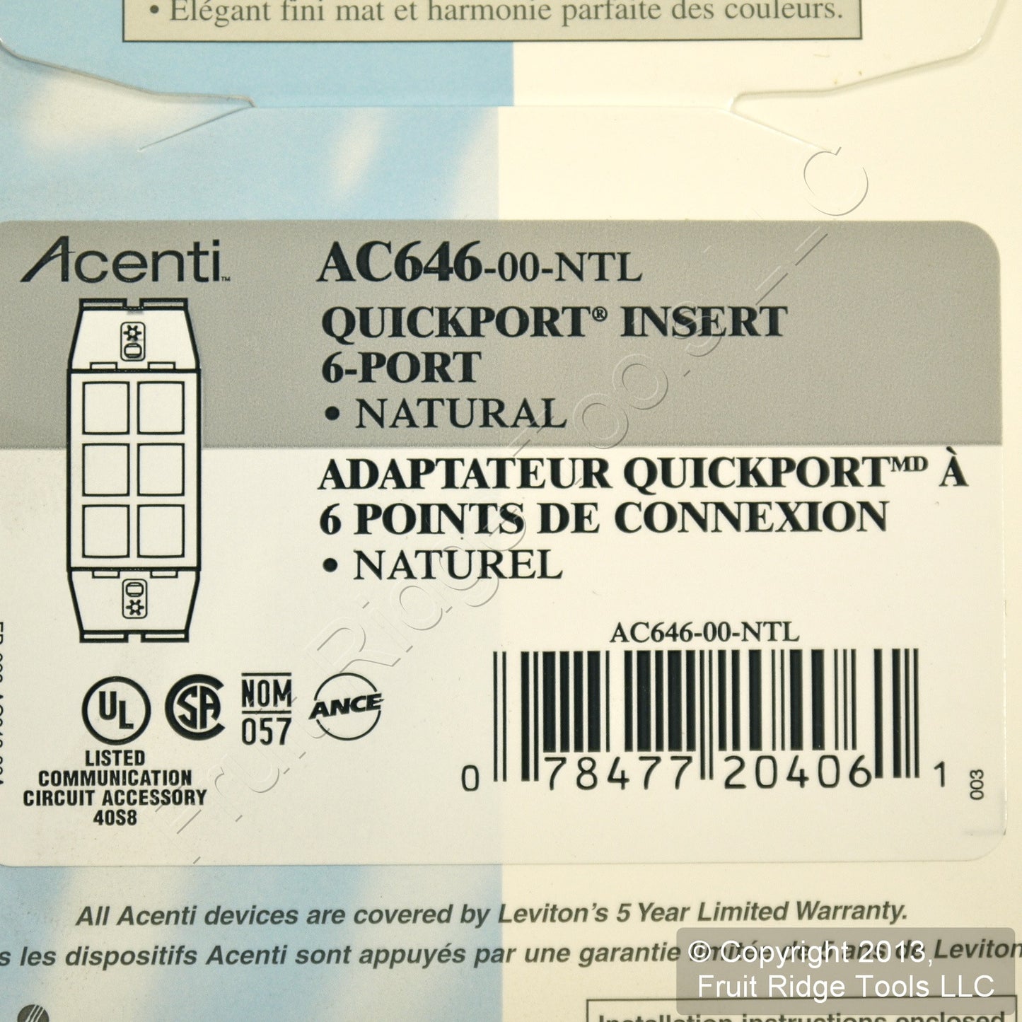 Leviton AC646-NTL Natural Acenti 1-Gang 6-Port Wallplate Cover Insert Quickport