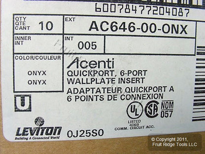 10 Leviton Quickport Onyx Black Acenti 6Port Polymer Wallplate Inserts AC646-ONX