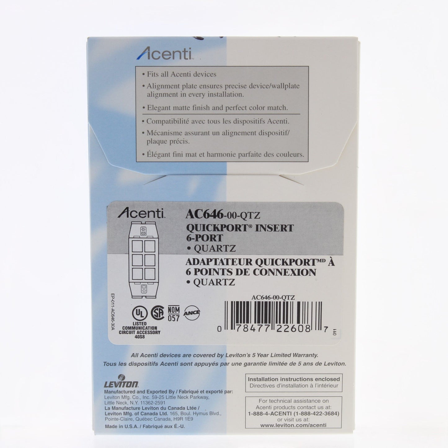 Leviton AC646-QTZ Quartz Quickport Acenti 1G 6-Port Polymer Wallplate Insert