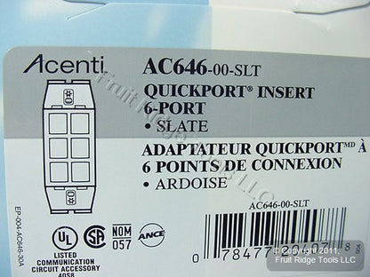 Leviton Quickport Slate Gray Acenti 1G 6-Port Polymer Wallplate Insert AC646-SLT
