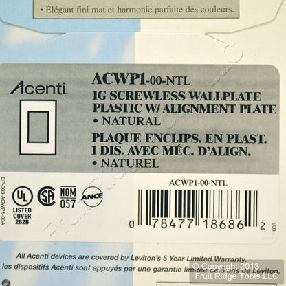 Leviton Natural Acenti Screwless Wallplate Snap-On Switch Outlet Cover ACWP1-NTL