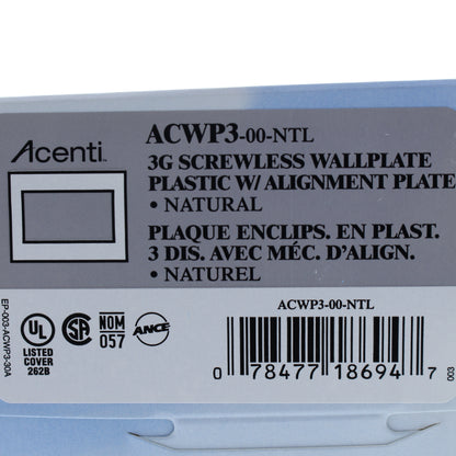 Leviton ACWP3-NTL Natural 3-Gang Acenti Screwless Wallplate with Alignment Cover