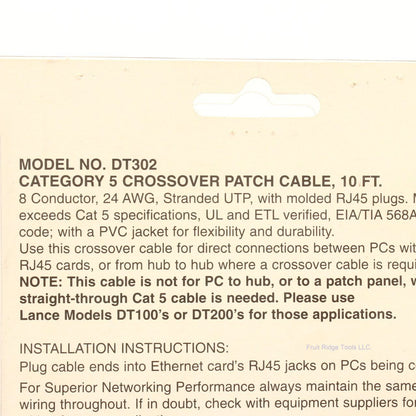 Lance Industries DT302 10' Gray Crossover Patch Cable 8-Conductor 24AWG RJ45