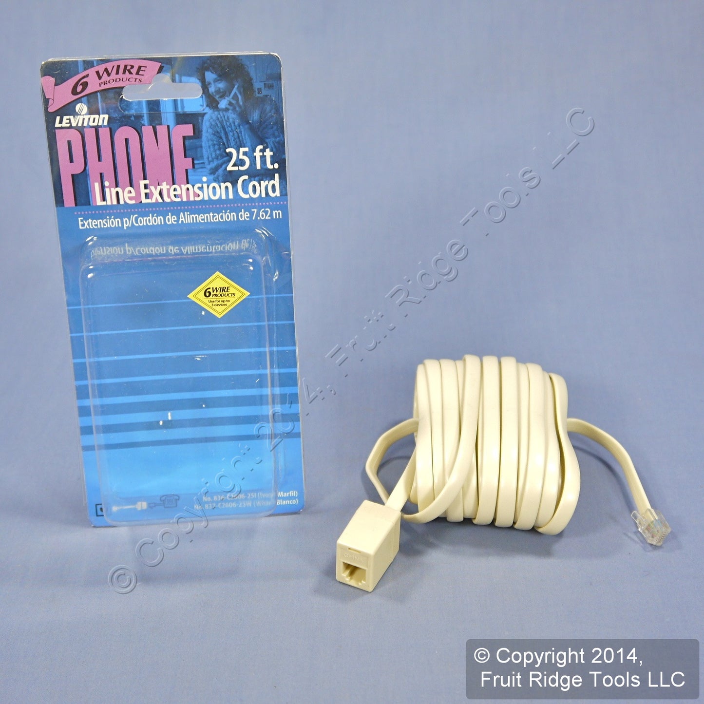 Leviton C2606-25I Ivory 25 Ft 6-Wire Phone Line Extension Cord RJ14 RJ11