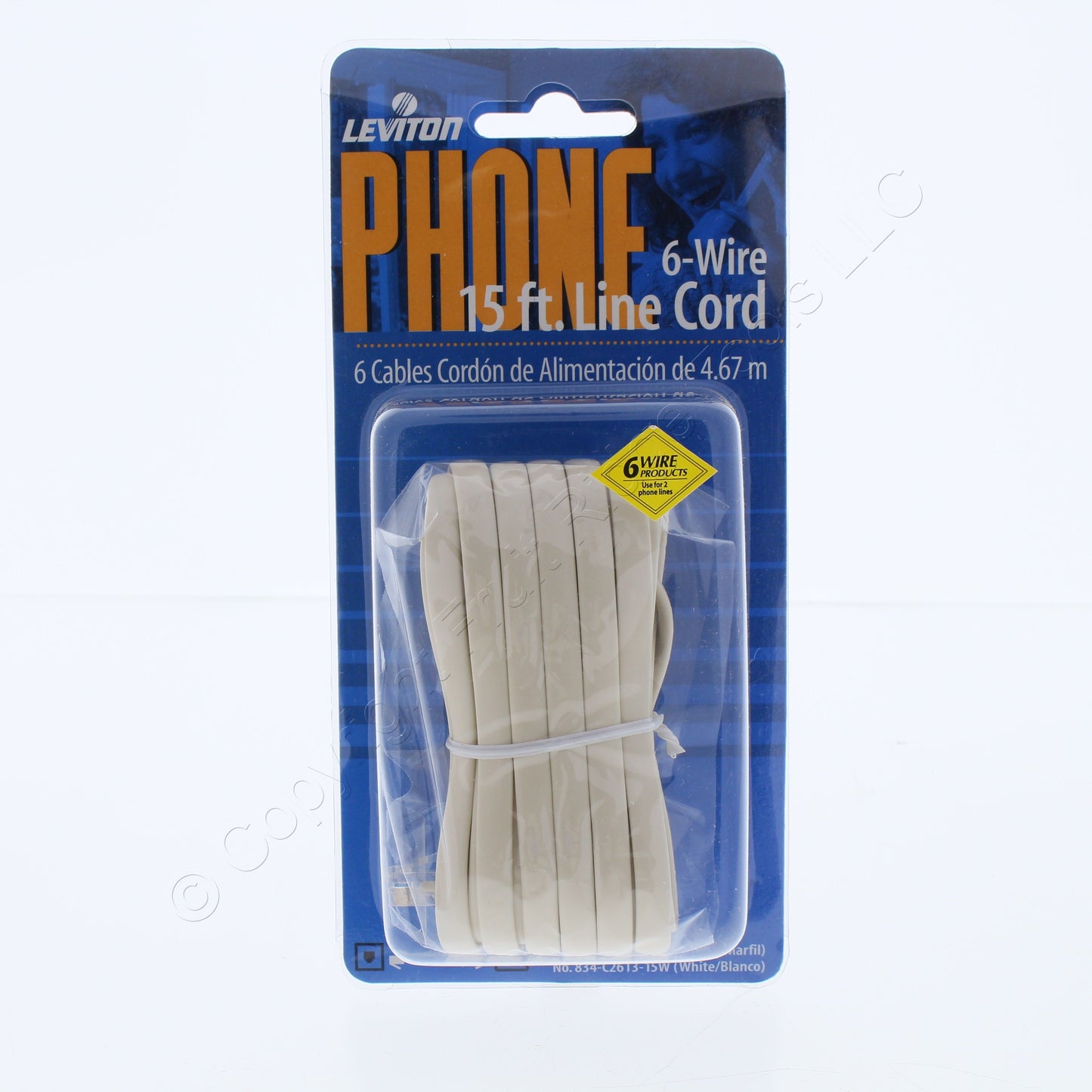 18 Leviton Ivory 15' Phone Line Extension Cords 6-Wire RJ11 RJ14 RJ25 C2613-15I