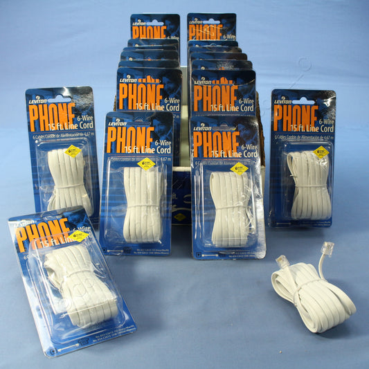 18 Leviton White 15' Phone Line Extension Cords 6-Wire RJ11 RJ14 RJ25 C2613-15W