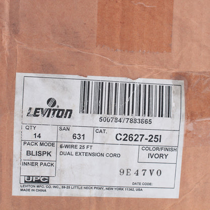 Leviton C2627-25I Ivory 25' Duplex Phone Line Extension Cords 6Wire RJ11 14-Pack