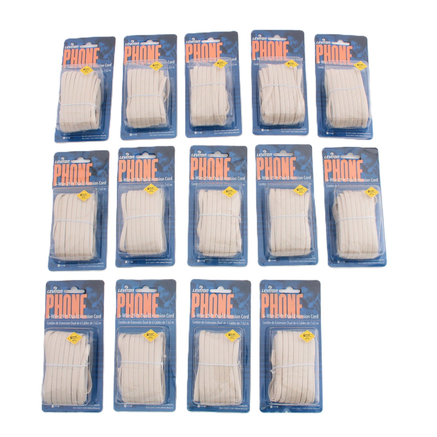 Leviton C2627-25I Ivory 25' Duplex Phone Line Extension Cords 6Wire RJ11 14-Pack