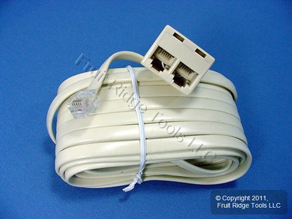 Leviton C2627-25I Ivory 25' Duplex Phone Line Extension Cord 6-Wire RJ11 RJ14