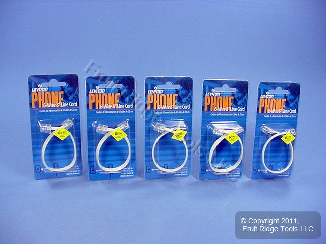 5 Leviton Ivory 8-Inch Phone Patch Cords Telephone Line 6-Wire RJ12 C2654-I