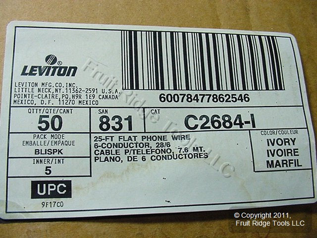 50 Leviton Ivory 25' Flat Phone Line Cords 6-Wire Telephone C2684-25I