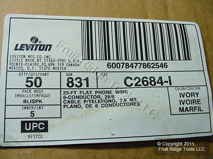 50 Leviton Ivory 25' Flat Phone Line Cords 6-Wire Telephone C2684-25I