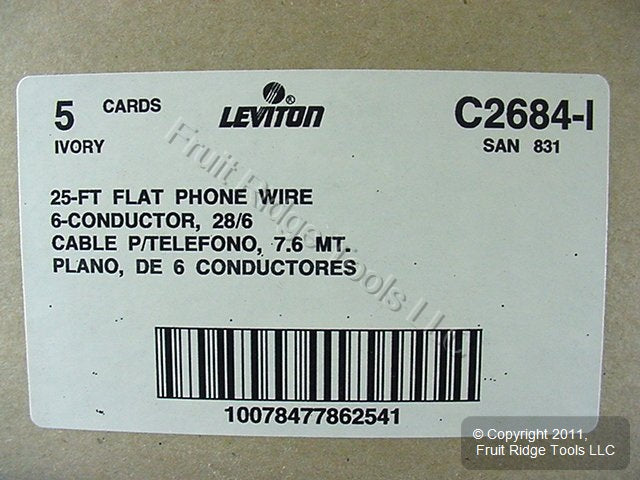 5 Leviton Ivory 25' Flat Phone Line Cords 6-Wire Telephone C2684-25I