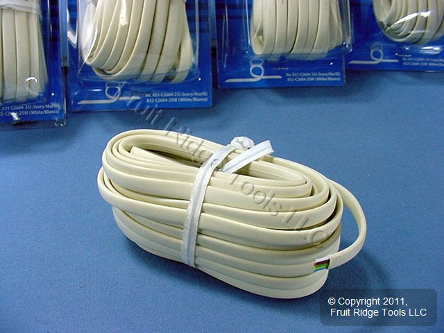 5 Leviton Ivory 25' Flat Phone Line Cords 6-Wire Telephone C2684-25I