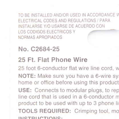 50 Leviton Ivory 25' Flat Phone Line Cords 6-Wire Telephone C2684-25I