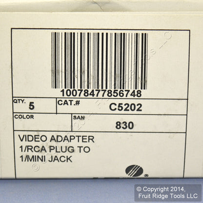 5 Leviton Silver RCA to Mini Plug Adapters 3.5mm Mono C5202