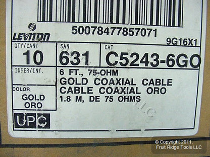 Leviton C5243-6GO Gold Oxygen Free 6 Feet Video Coaxial Patch Cables 10pcs