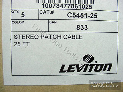 5 Leviton 25 ft Audio Stereo Video Dub Patch Cable RCA Plugs Shielded C5451-25