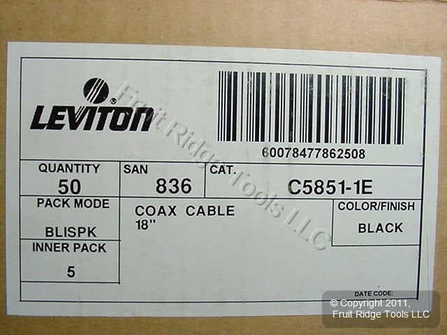 50 Leviton Black 18" Coaxial Video Cables RG59 C5851-1E