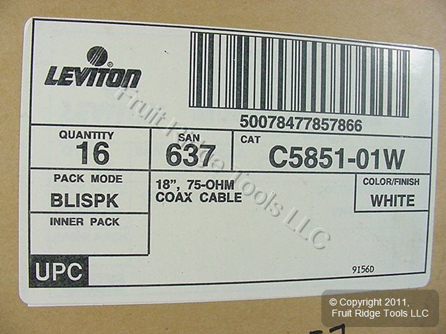 16 Leviton White 18" Coaxial Video Cables RG59 C5851-1W