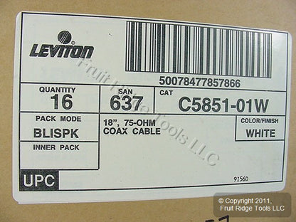 16 Leviton White 18" Coaxial Video Cables RG59 C5851-1W