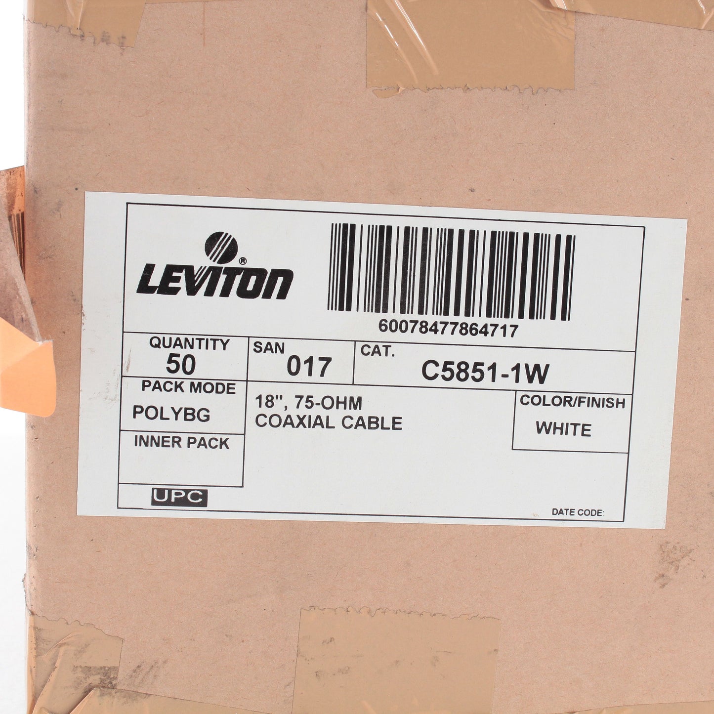 50 Leviton White 18" Coaxial Video Cables RG59 C5851-1W