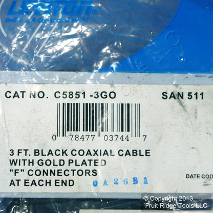 Leviton Black 3 Ft Coaxial Video Cable w/ Gold Plug Ends F-Type RG59 C5851-3GO